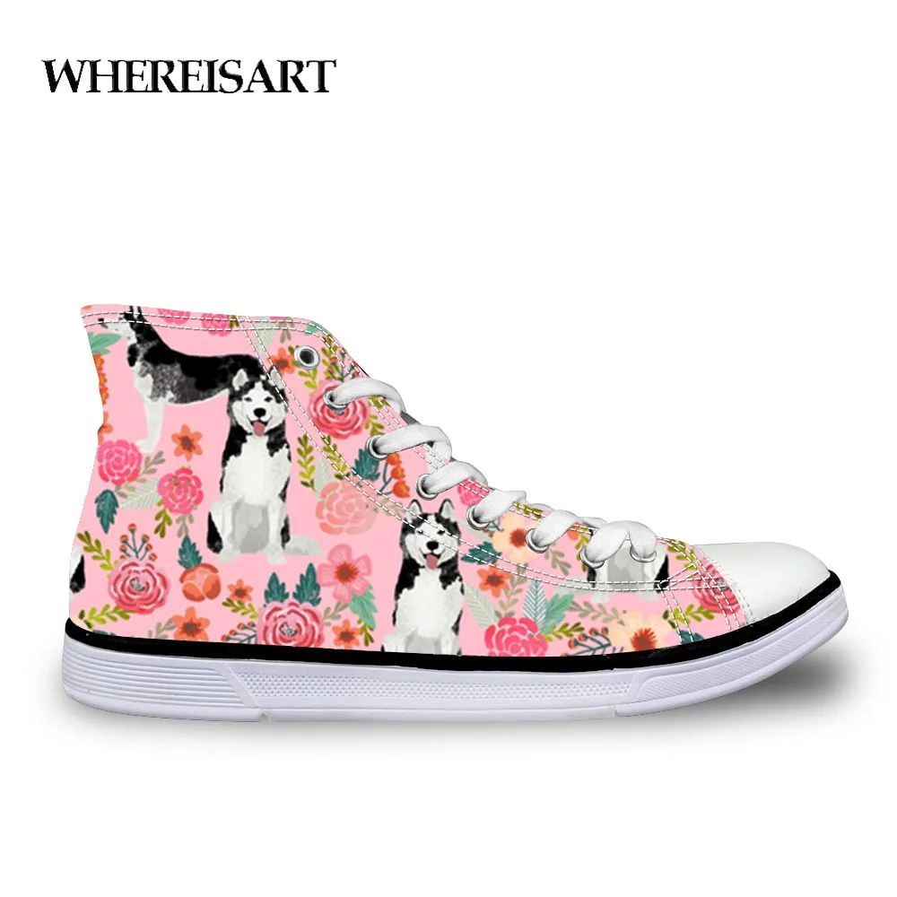 

WHEREISART Cute Husky Pink Flower Printing Women Vulcanized Shoes Lacing up Canvas Shoes Comfortable Flat Walking Footwear Girl
