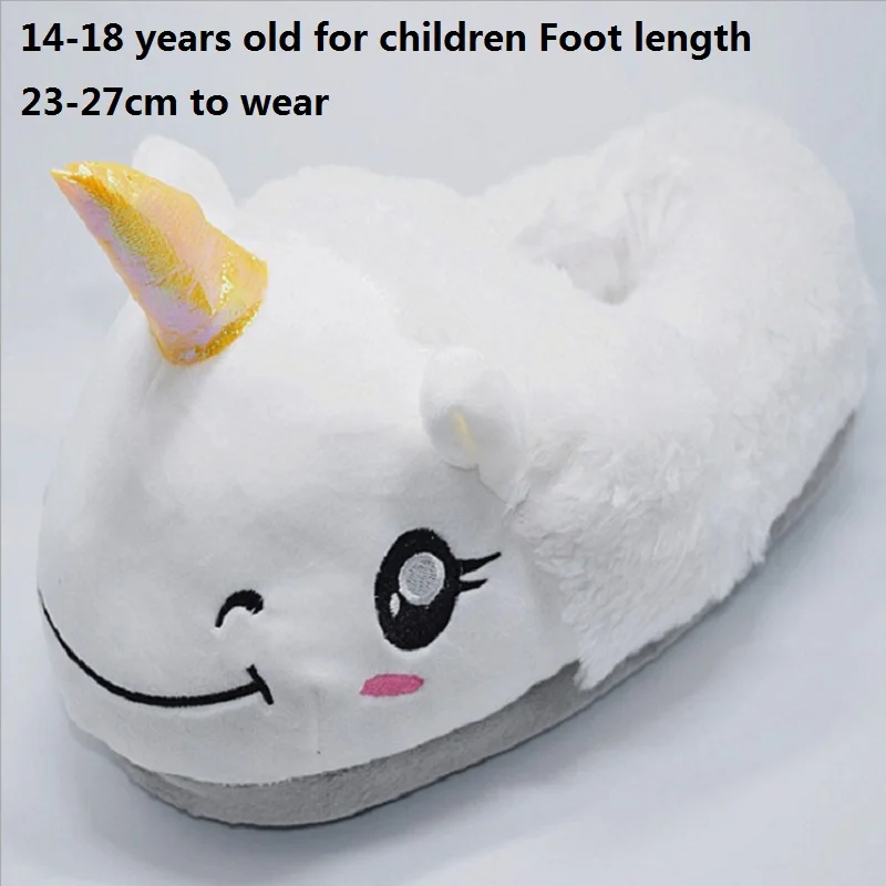 02 White 28cm Зимние детские тапочки, для детей, плюш, для детей, для девочек и мальчиков, тапочки в виде единорога из мультфильма, с закрытыми пятками, для взрослых, для дома, шлепки - Цвет: 02 White 28cm