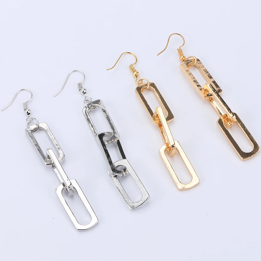 

Hot Sale 1pair Gold Silver Simple Personality Exaggerated Tassel Geometric Long Link Chain Drop Dangle Rectangular Earring