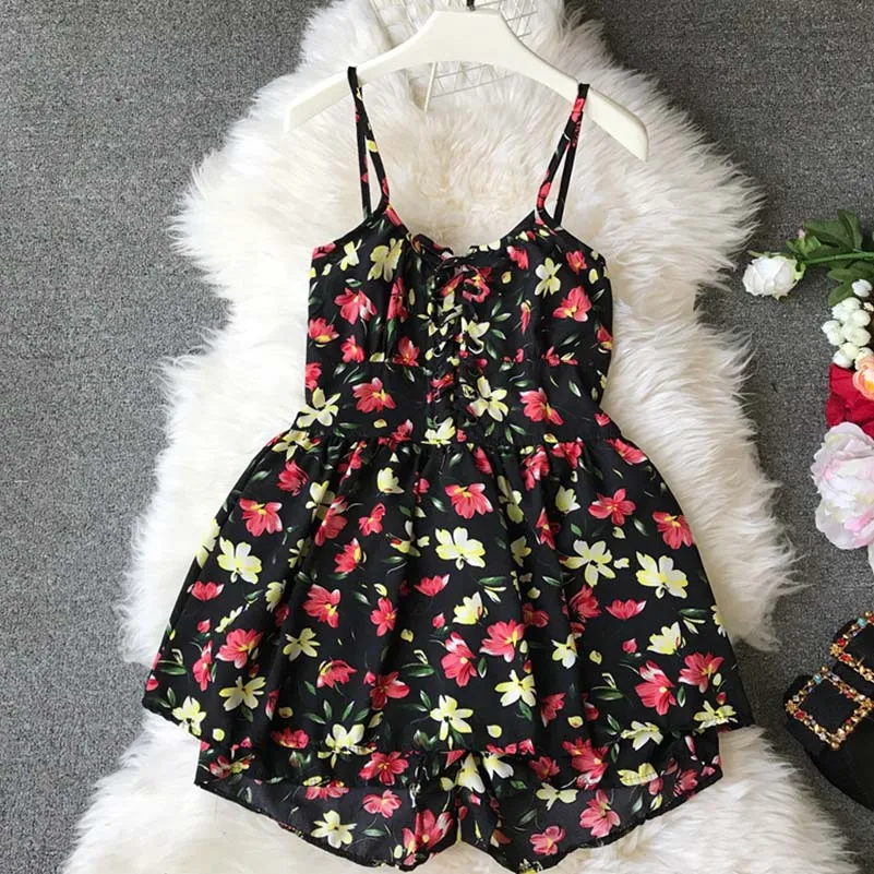 Printed Floral Lace Up Summer Playsuits Retro Daisy Flowers High-waist Suspender Beautiful Chiffon Rompers for 2019 Printed Floral Lace Up Summer Playsuits Retro Daisy Flowers High-waist Suspender Beautiful Chiffon Rompers for 2019