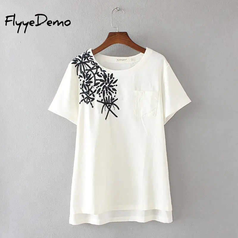 

Women 2019 Summer Loose Short Sleeve Embroidery Casual Big 3D Flowers Stylish Tops And Tees Female T Shirts Mujer Plus Size