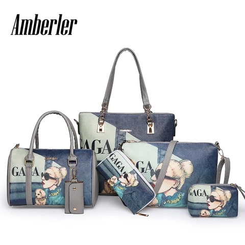 Bolsa de Ombro das Senhoras pu de Couro Amberler Alta Qualidade Mulheres Bolsas 6 Peças Conjunto Impresso Bolsas Crossbody Grandes Bolsalas Capacidade