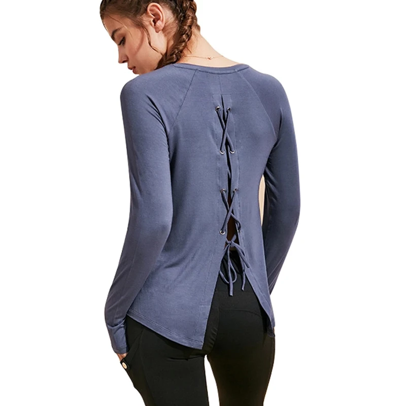 

Women's Long Sleeve Relaxed Open Back Solid Soft Lightweight Jogging Exercise Active T-shirt