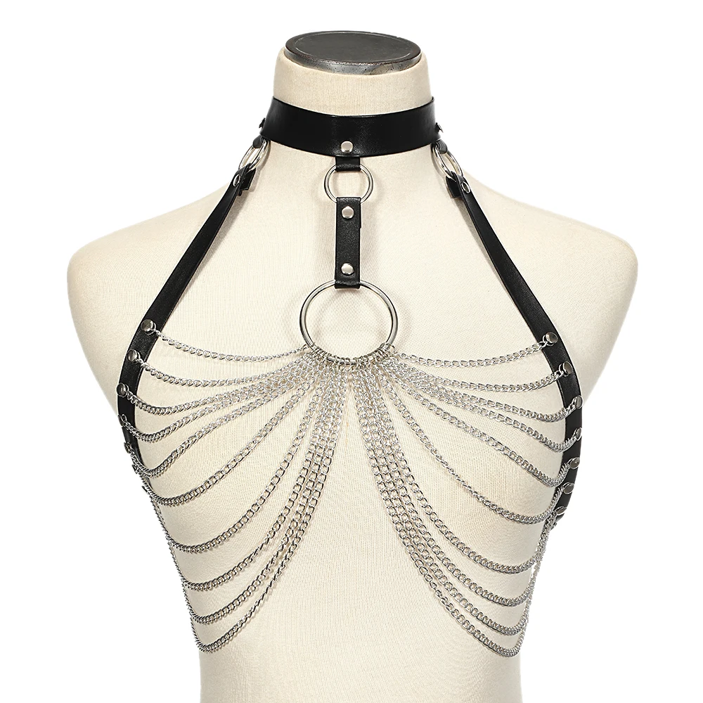 Sexy Leather Harness body chain Bra Metal Chain Bondage Corset Chest Belt chain Halloween Club festival fashion jewelry