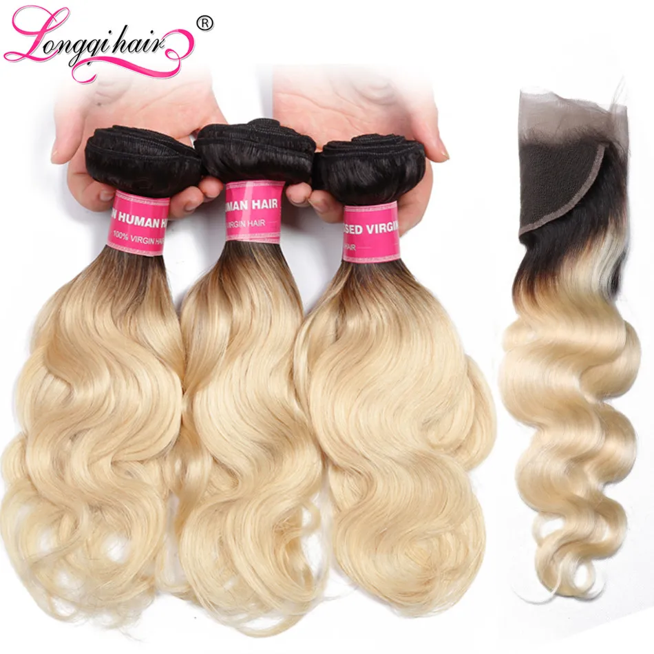 

Longqi Pre Colored Ombre Remy Human Hair Bundles With Closure 13x4 T1b/613 Blonde Brazilian Body wave Bundles with Frontal