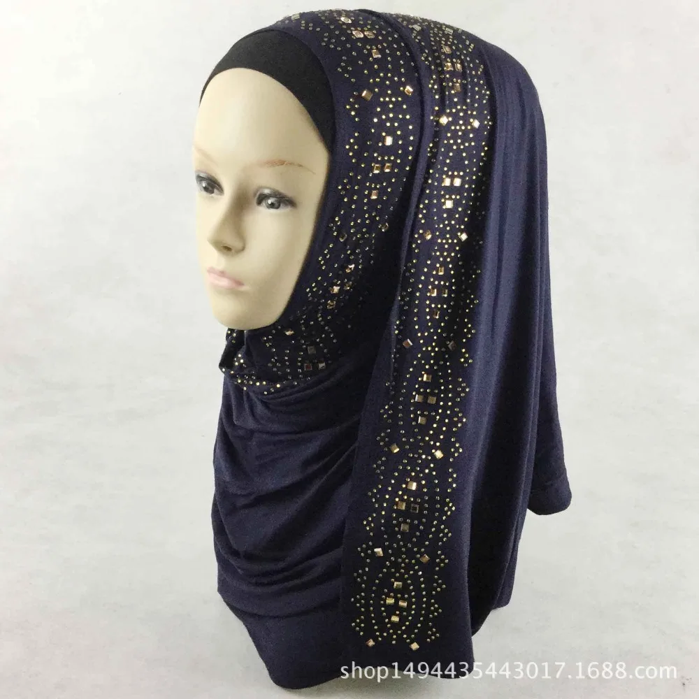 5 шт. качественный хлопковый трикотажный женский хиджаб шарф золотые стразы, мусульманский длинный платок, тюрбан, хорошая эластичность