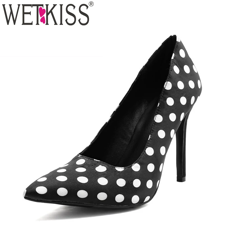 Женские туфли лодочки в горошек WETKISS черные вечерние на тонком высоком каблуке с