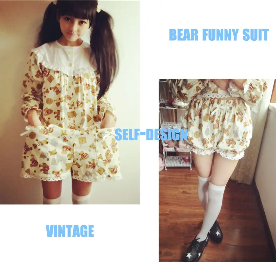 

"Self-Design"Super Cute Bear Vintage Long Sleeve Womens Paejamas Sleepwear & Pumpkin Shorts Set