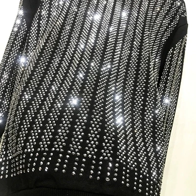 Mens Black Rhinestone Beading Bling Party/Event Long Sleeve Tee/T Shirt
