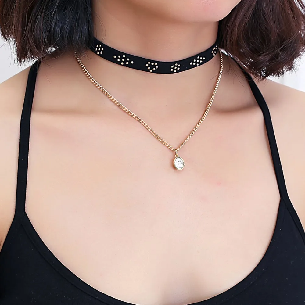 Mode Choker Kalung Leher Kerah Kulit Rantai Kristal Liontin Kalung