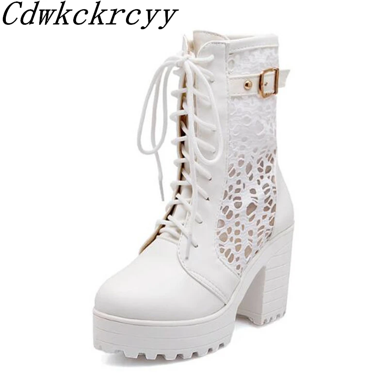 

Spring and Autumn New style fashion Round head Hollowing out Lace Gauze Martin boots Student Leisure time white Cool boots 34-43