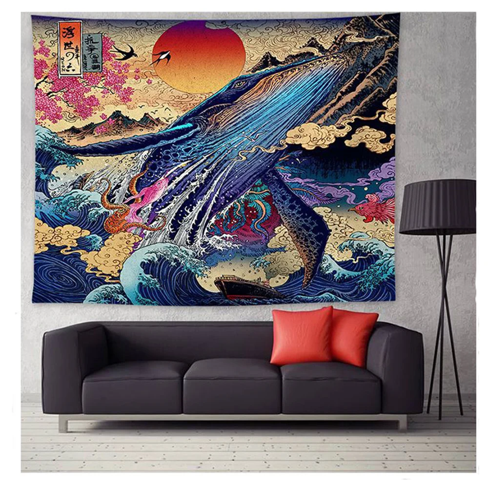 

Japanese Kanagawa Waves Printed Hanging Tapestry Whale Arowana Deer Snake Totem Wall Hanging Tapestries Boho Bedspread Blanket