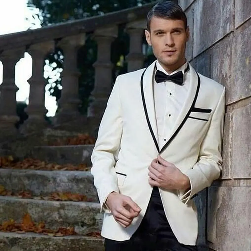 

Ivory Men Suits Custom Made Wedding Suit Groom Tuxedo Best Man Blazers Black Shawl Lapel Terno Masculino 2 Piece Coat Pants