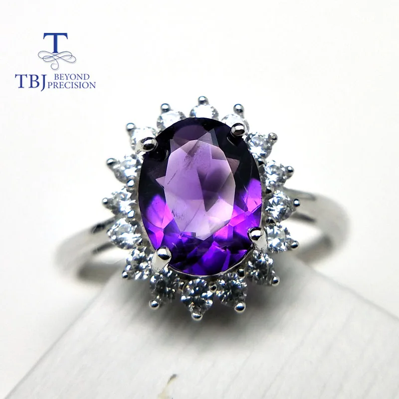 

TBJ,Hot sales natural africe amethyst quartz Diana's ring in 925 sterling silver precious stone jewelry for women with gift box