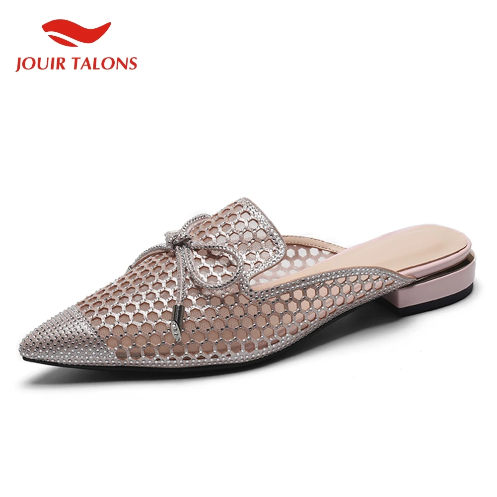 

pointed toe slip on bowtie shoes woman elegant breathable mules chunky low heels casual mules woman shoes flats