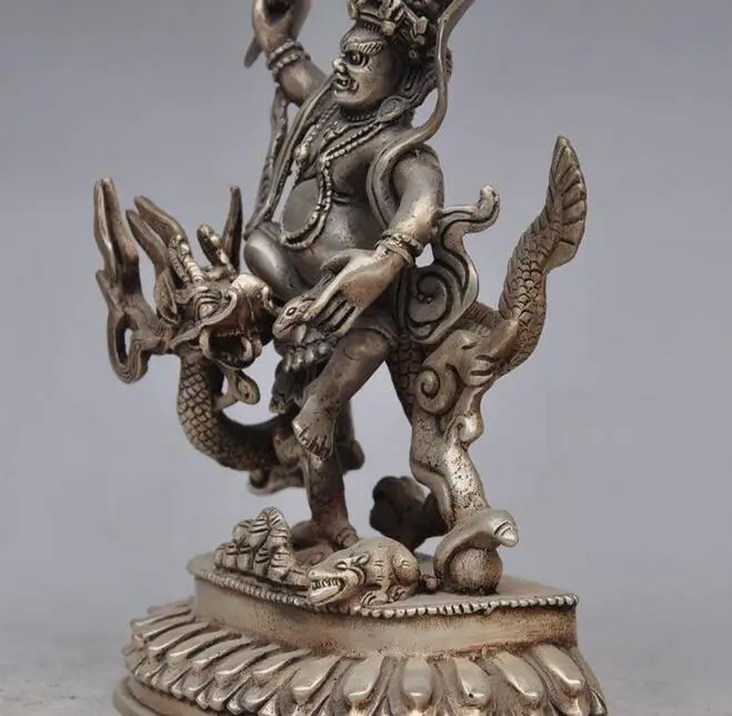 

free Old Tibet Buddhism Silver Ride Dragon White Jambhala Wealth God Buddha Statue fast