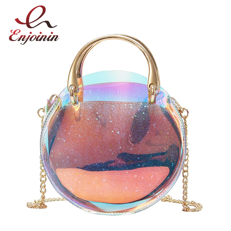 

Fashion Symphony Laser Gradient PVC Jelly Metal Ring Handle Handbag Women's Casual Totes Chain Purse Shoulder bag Saddle Bag
