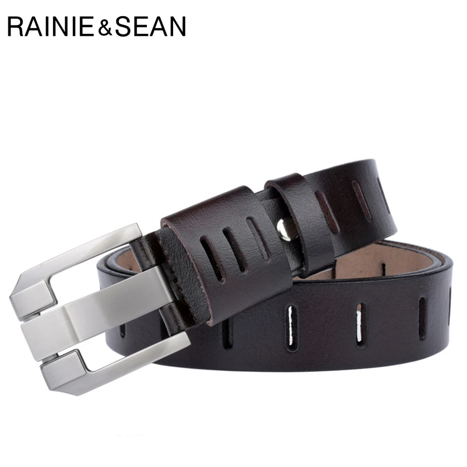 RAINIE SEAN Casual Belt For Men Genuine Leather Pin Buckle Belts Coffee Vintage Brand Real Leather Cowhide Jeans Belt Male 130cm