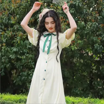 

French Style Vintage Bow-knot Long Dress Short Sleeve Single-breasted Long Dress Party Casual Vestidos