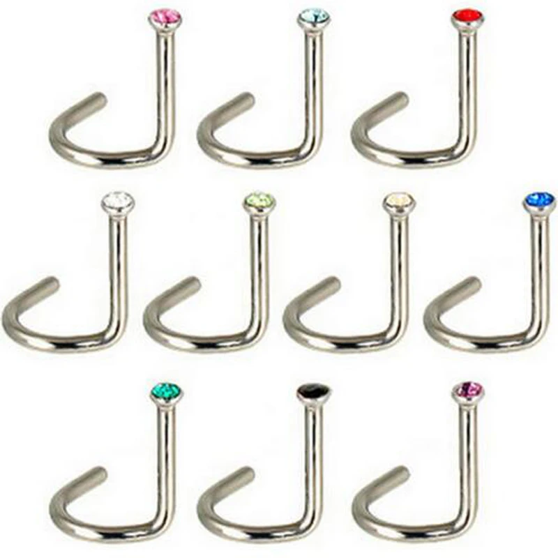 Wholesale Mixed 10Pcs/Lot Surgical Steel Rhinestone Nose Screw Hoop Studs Ring Bone Bar Pin Body Piercing Jewelry anillos