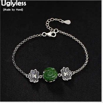 

Uglyless Real Solid 925 Sterling Silver Handmade Lotus Bracelets for Women Thai Silver Fine Jewelry Natural Jade Flower Bangles