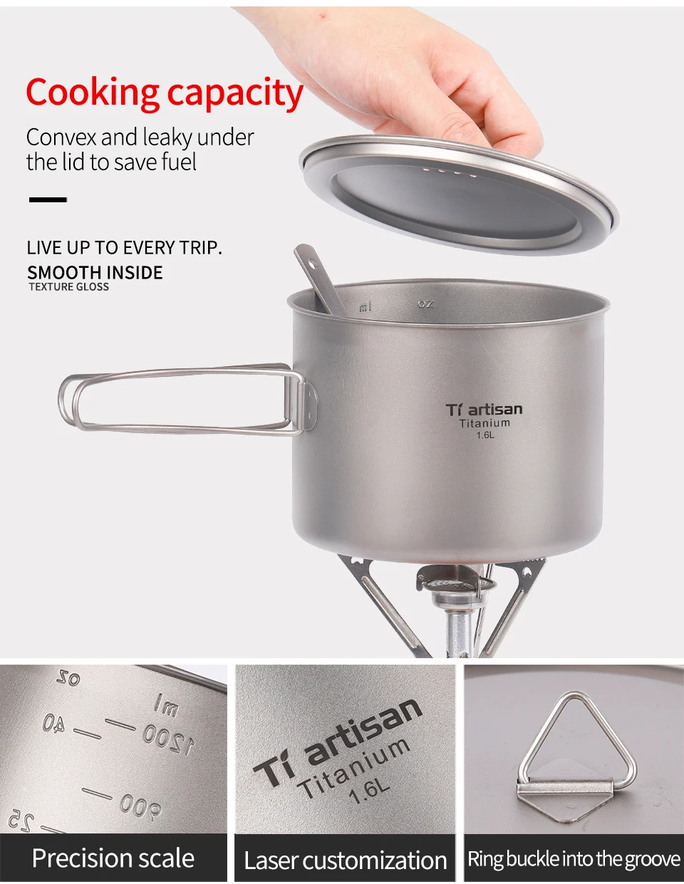 Portátil e Multi-função Acampamento ao ar Tiartisan Puro Cozinhar Pote Conjunto Dobrável Livre Panelas Ta8318ti Titanium1.6l 7 Cheap Louça para ar livre