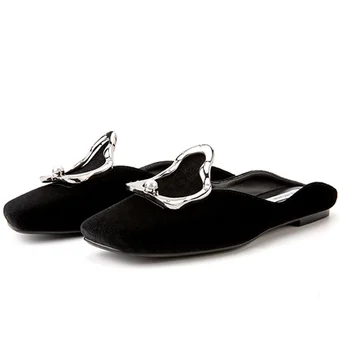 

2019 spring summer new women's slippers fashion design beautifully decorated square toe solid color handmade flat slippes