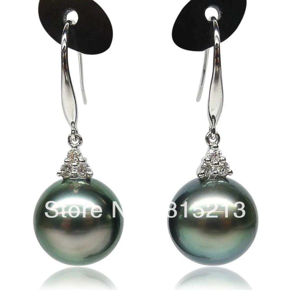

wb00179 BEAUTIFUL GREEN!AAA 10.8MM TAHITIAN GENUINE PEARL 18K GOLD HOOK EARRINGS