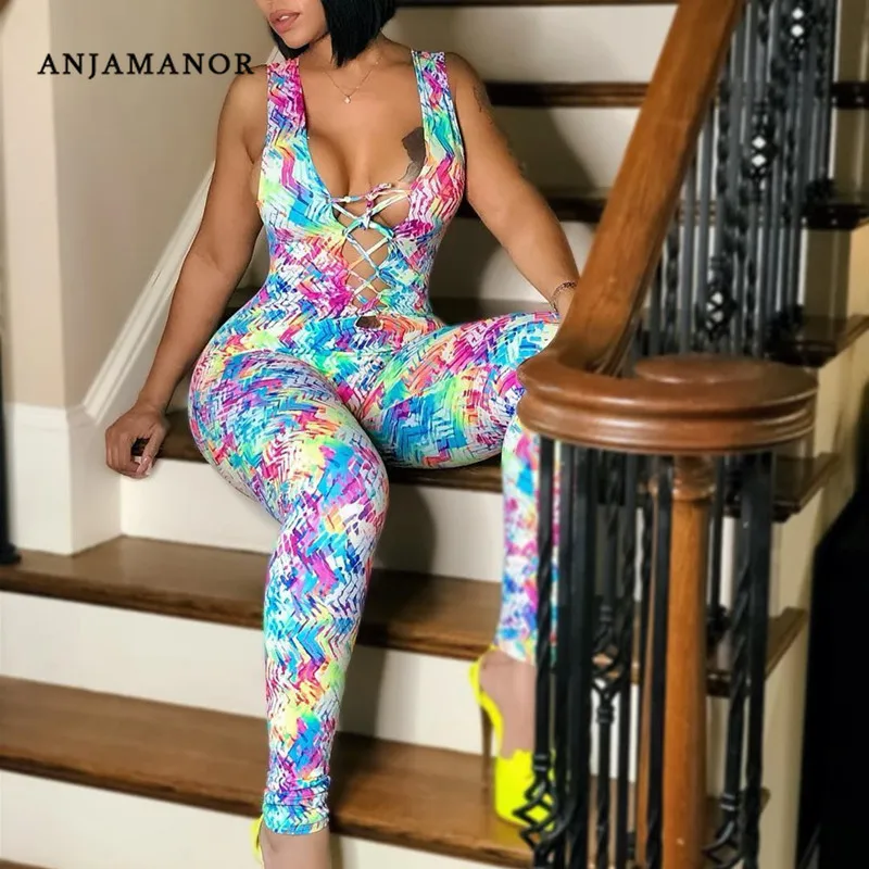 

ANJAMANOR Tie Dye Sexy Sleeveless Bandage Bodycon Jumpsuit Womens Summer Fashion One Piece Women Clothes Club Wear D52-AE94