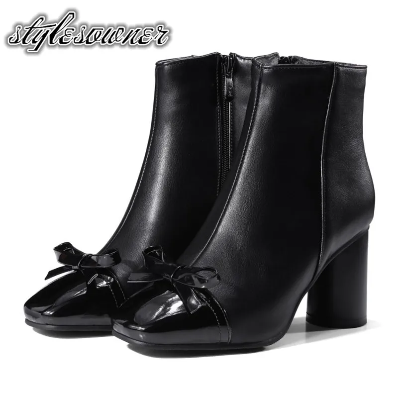 

Stylesowner England Style High Quality Black Ankle Boots for Female High Heels Flock Butterfly-knot Fashion Winter Short Boots