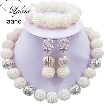 

Laanc Latest Nigerian Wedding White African Beads Jewelry Set Simulated Pearl AL731