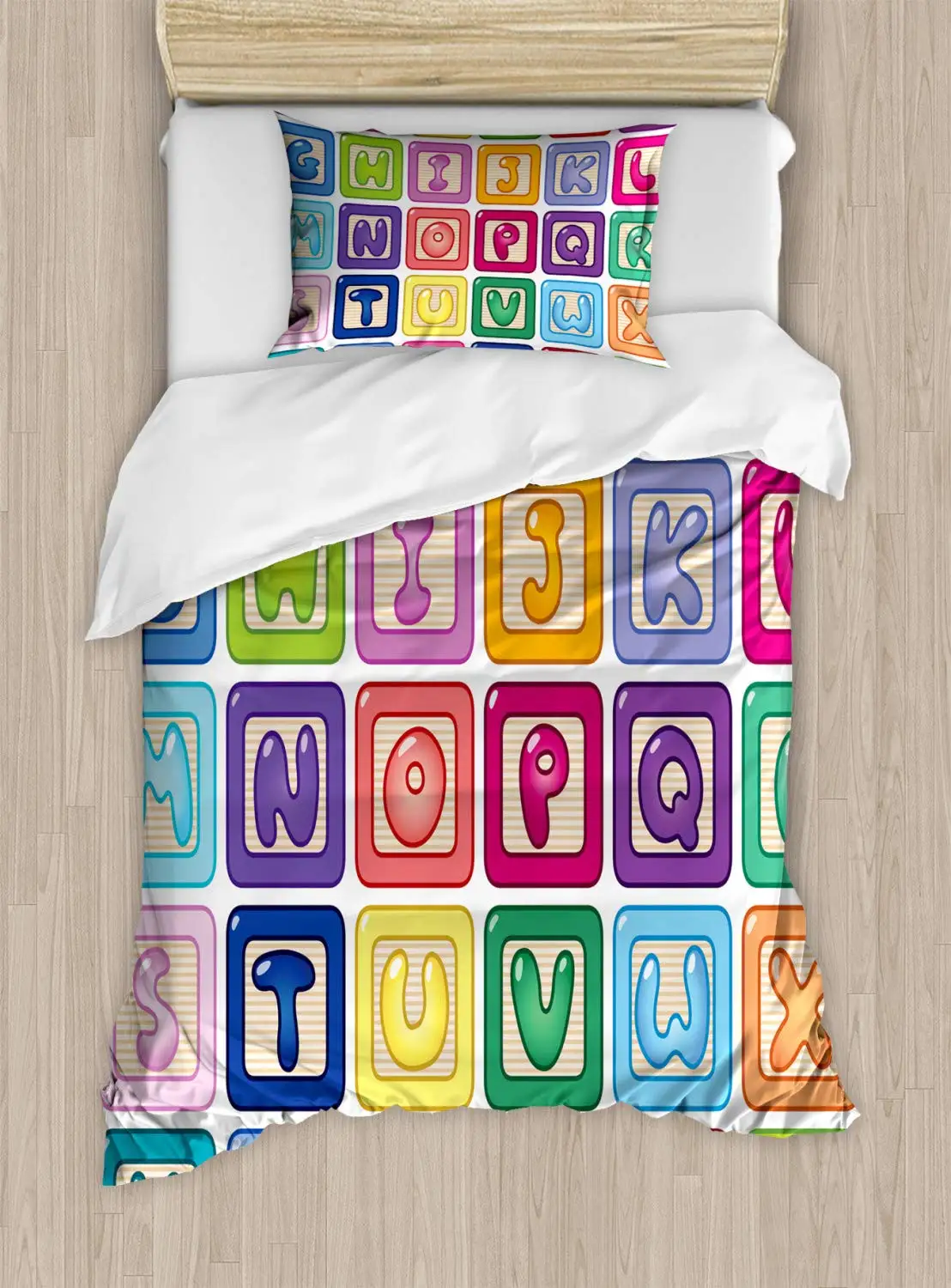 

Nursery Activity Duvet Cover Set Twin Size Colorful English Alphabet Blocks Childrens Cartoon Balloon Letter Design Bedding Set