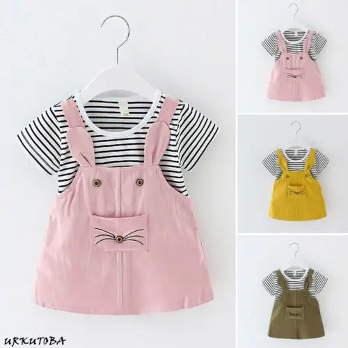 

Baby Girls Dress Cute Cat Party Fashion Striped Dress O-Neck Short Sleeve Solid Casual Dresses Clothes