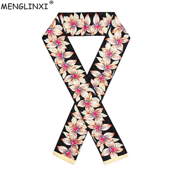 

120x8cm New Skinny Scarf Women Tie Lily Flower Print Women Silk Scarf Fashion Belt Brand Head Scarf Handbag Small Long Scarves