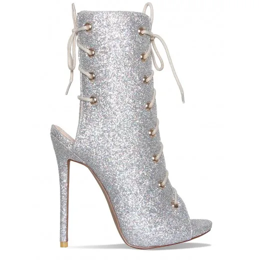 Sequined Cloth Silver Women Fashion Boots High Thin Heels Peep Toe Size Zipper Botas Mujer Ankle Boots For Women High Boots