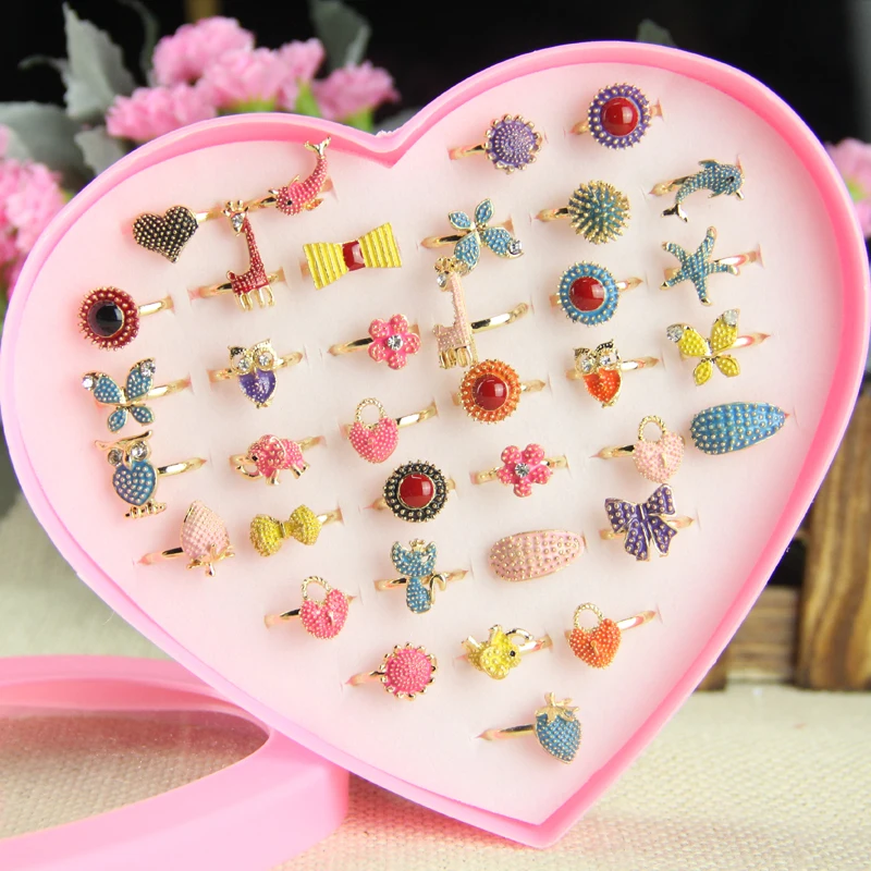 

Wholesale Lot 36Pcs Silver Plated Assorted Design Crystal Ring Cute Kid Child Party Small Adjustable Rings Fashion Jewelry Gift