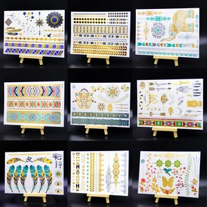 Водостойкие временные татуировка для женщин хной Декорации для тела, рук поддельные вспышки Tatoos цвета: золотистый, серебристый металлик тату-наклейки девушка браслет на запястье - изображение