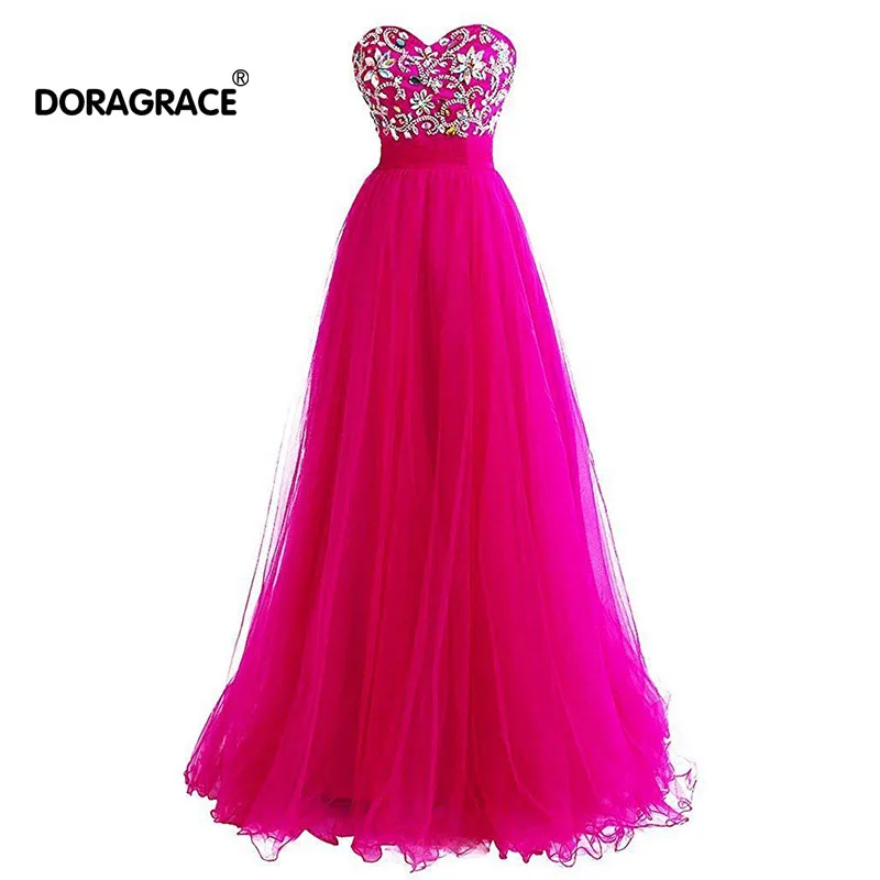 

Doragrace Sweetheart Chiffon Beaded Prom Dresses Long Evening Formal Gowns Hot Pink