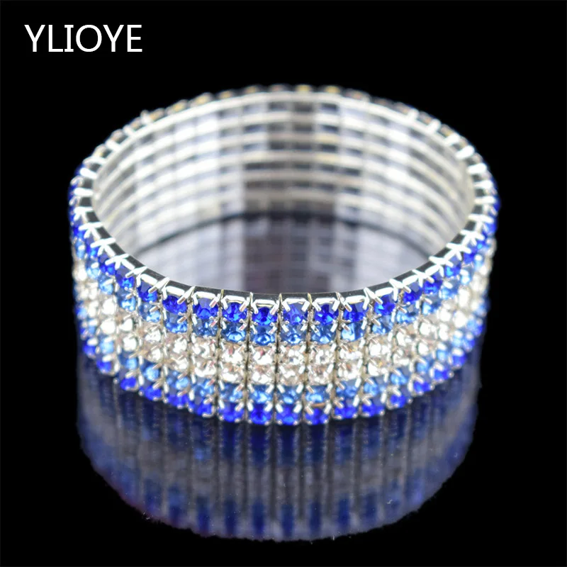 

High Quality Fashion 6 Row wide Stretch Crystal Bracelets & Bangles blue Bracelets For Women Jewelry Girl child Bracelets