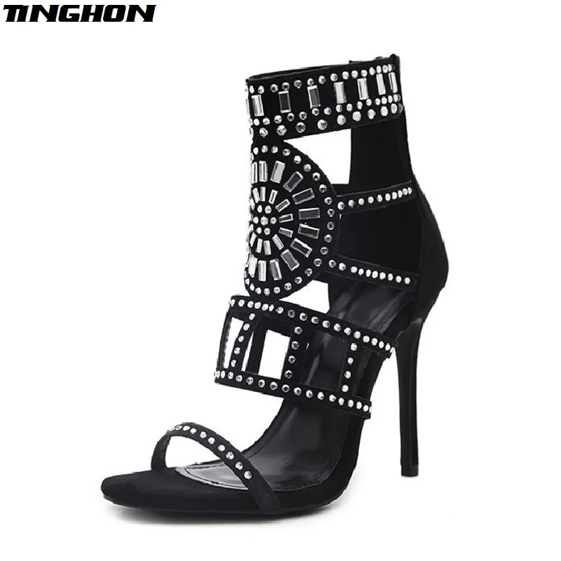 

TINGHON Sexy Fashion Ethnic Open Toe Rhinestone High Heel Sandals Crystal Ankle Wrap Diamond Gladiator Women Sandals 35-40