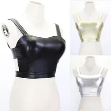 Gold Silver Sexy Backless Vest Tight Leather Pu Tops Cropped Halter Bar Nightclub Blusa Crop Top Brandy Melville BX001-923