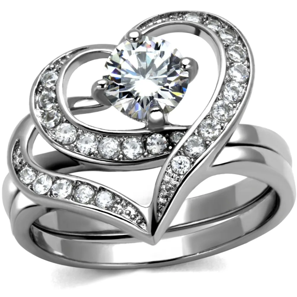 Size 4 12 Rhodium Plated 10KT Wedding Engagement Ring Band Set Heart