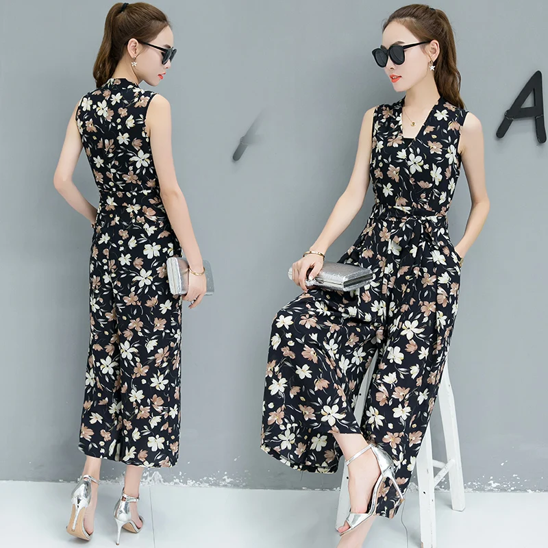 

2019 summer fashion print chiffon jumpsuit female Bohemian style solid color loose V neck sleeveless straight rompers high waist