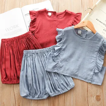 

Summer 2019 New Arrived Baby Girls 2pcs Set Ruffles Sleeveless Tops + Shorts Outfit Solid Colors Kids Clothes 1 2 3 4 5 Age