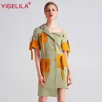 YIGELILA 2019 Latest Summer Women Fashion Casual Patchwork Asymmetrical Neck Sheath Knee Length Plaid Dress 62709