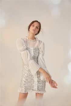 

O-neck Hot Sale Mini dress sexy women Full False two-piece sequined vintage celebrity body con Evening Party dresses wholesale