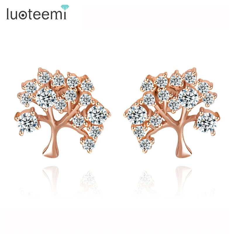 LUOTEEMI New Fashion Design Cute Tree Flower Shape Tiny CZ Stone Stud Earrings White&Rose Gold-Color Crystal Wholesale Jewelry
