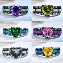 JUNXIN многоцветный Циркон Сердце кольца для мужчин и женщин черное золото Радуга Камень Фиолетовый Желтый Зеленый Белый Синий огненный опал кольцо женское