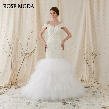 شراءفستان زفاف بحورية البحر فاخر من Rose Moda بدون الكتف فساتين زفاف بحورية البحر الأفريقية مع لؤلؤ بأربطة من الخلف