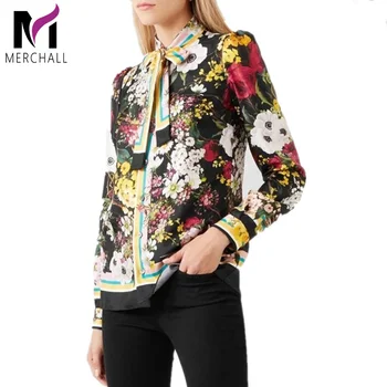 

Runway Floral Print Blouse 2019 Summer Women's Long Sleeve Bow Collar Casual Shirt Flower Striped Tops Female Beach Party Blusas